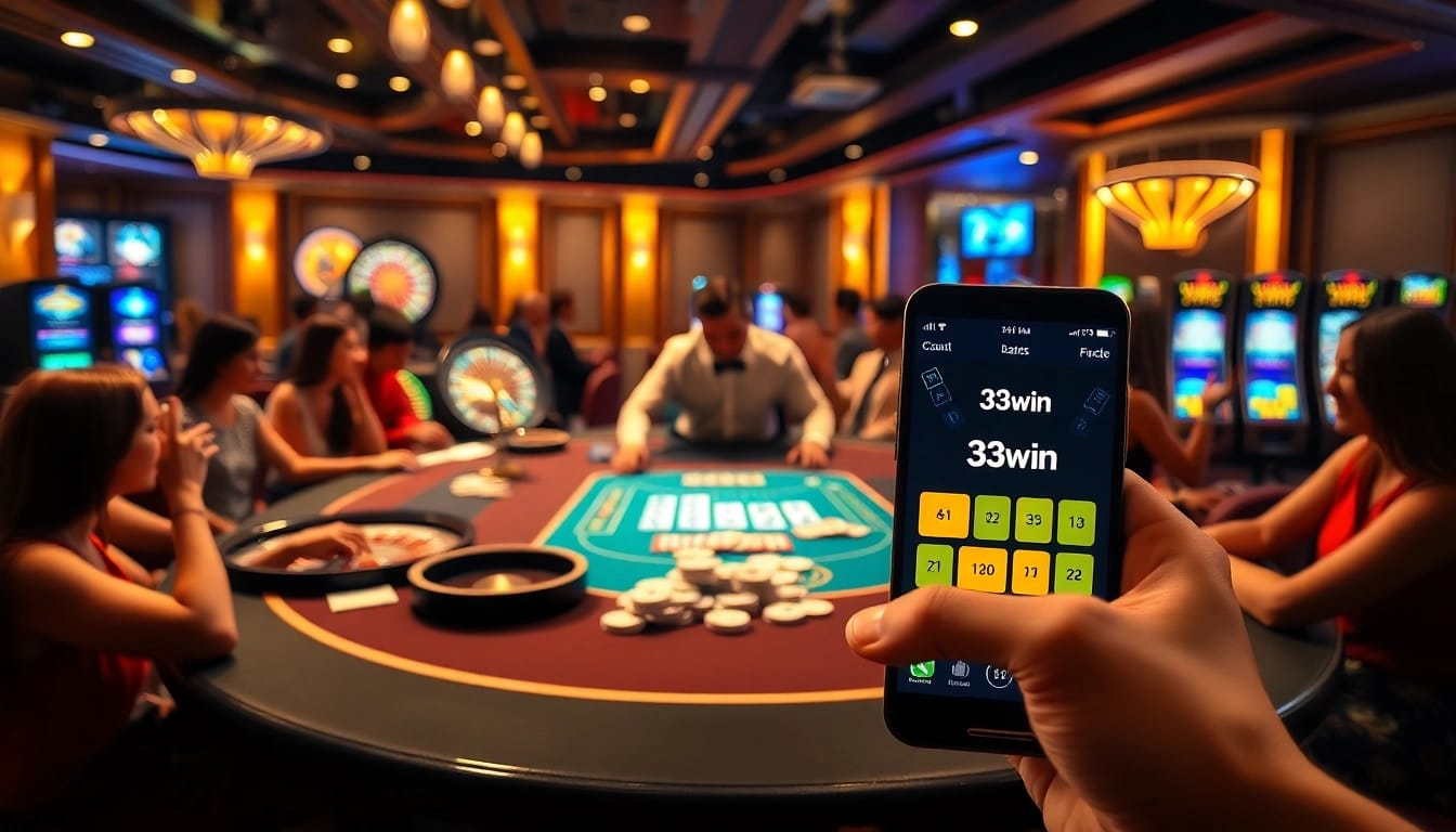 Experience the excitement of 33win with a vibrant casino scene featuring professional dealers and players.