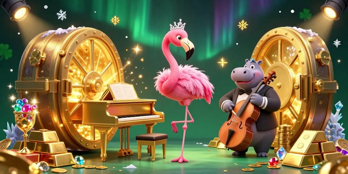 Join the excitement at FABET with vibrant 3D illustration depicting a flamingo singer and hippo bassist amidst treasures.