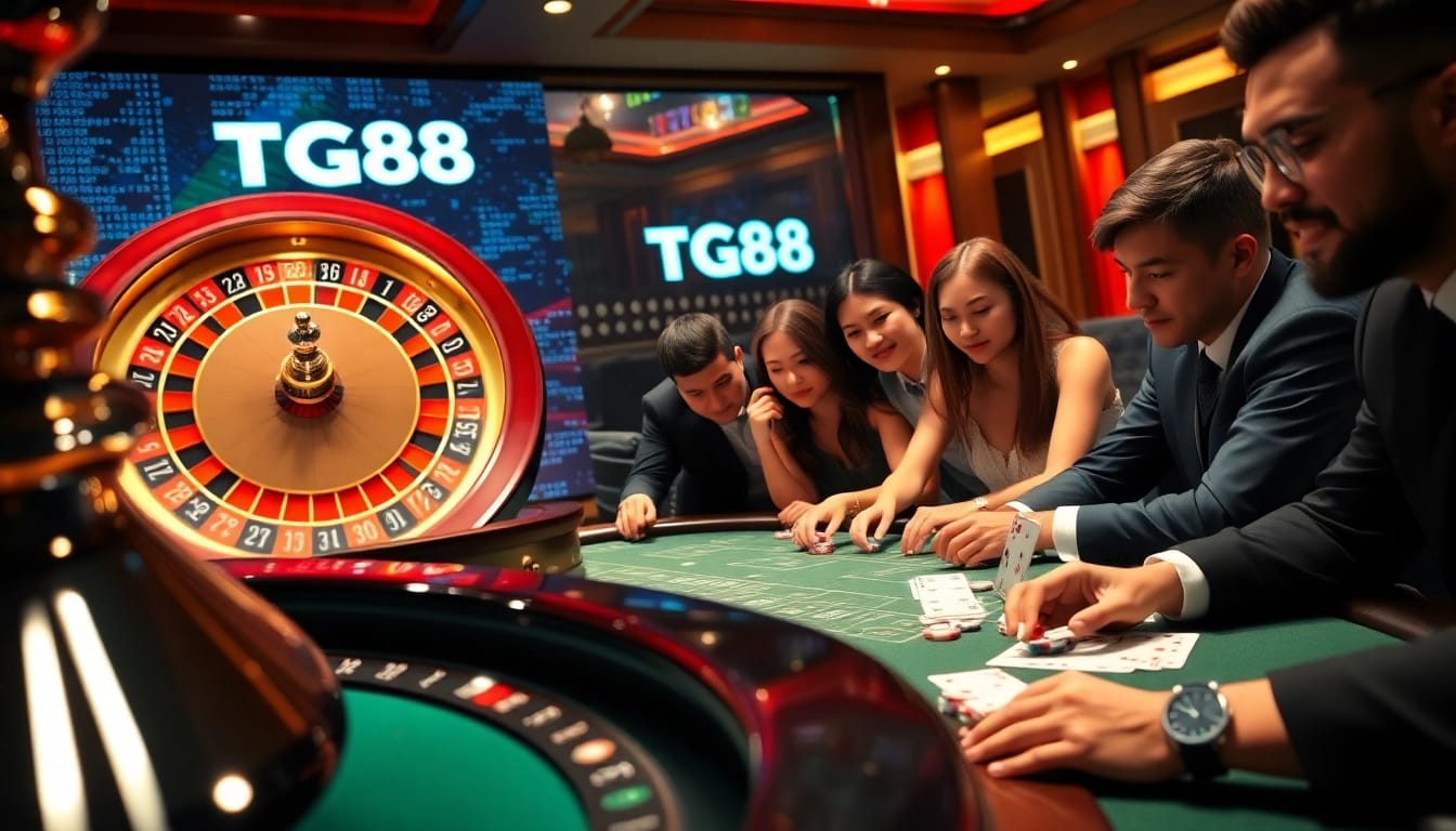Exciting gambling scene featuring players at TG88 tables with roulette and blackjack, capturing the thrill of casino gaming.