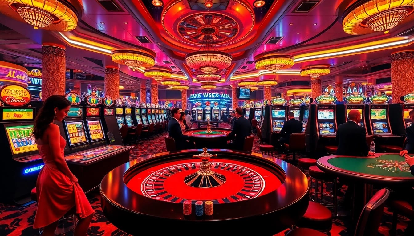 Xoso66's vibrant casino experience showcasing gamblers at roulette and slot machines.