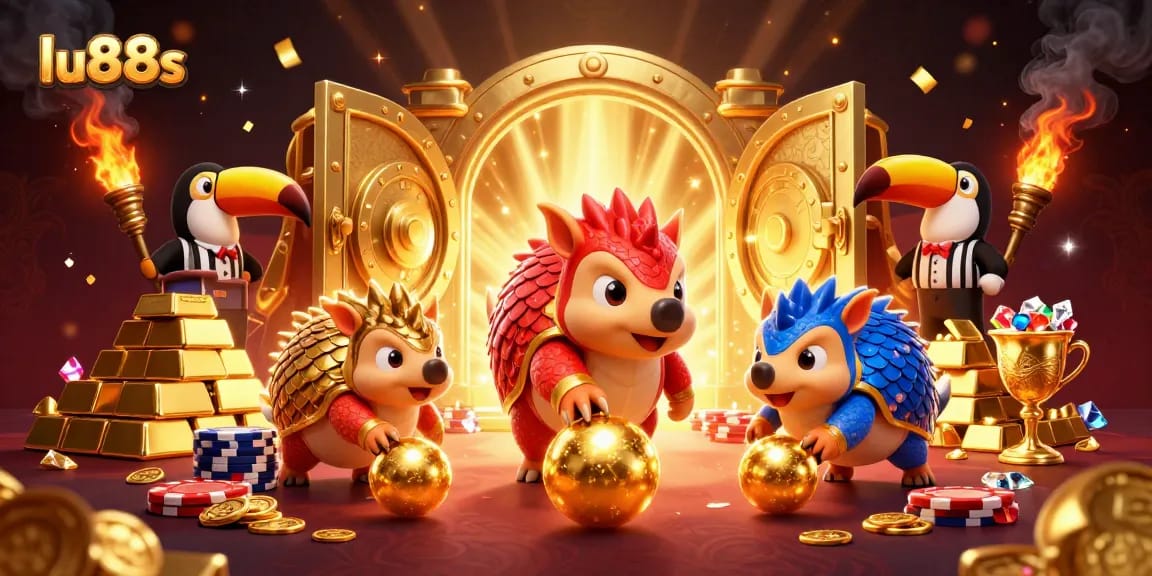 lu88s rivals pangolins in colorful armor rolling golden balls while bowling through poker chips.