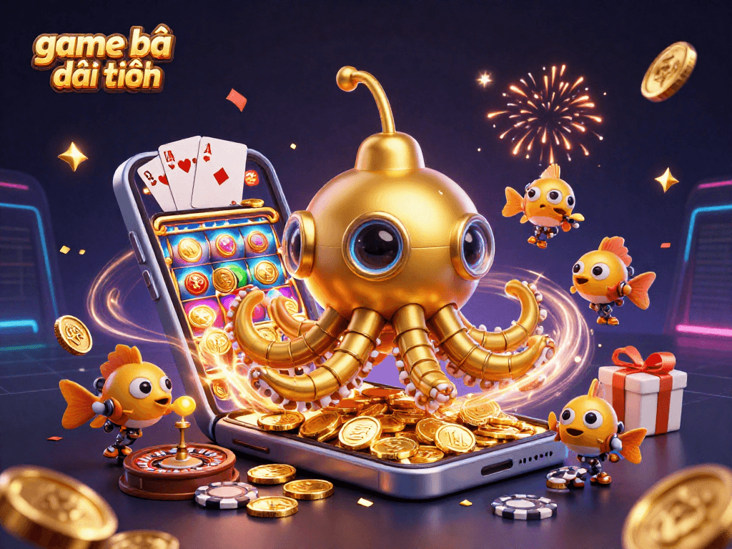 Engage in exciting game bài đổi thưởng with a vibrant scene featuring a kraken submarine amidst golden coins and dynamic game elements.