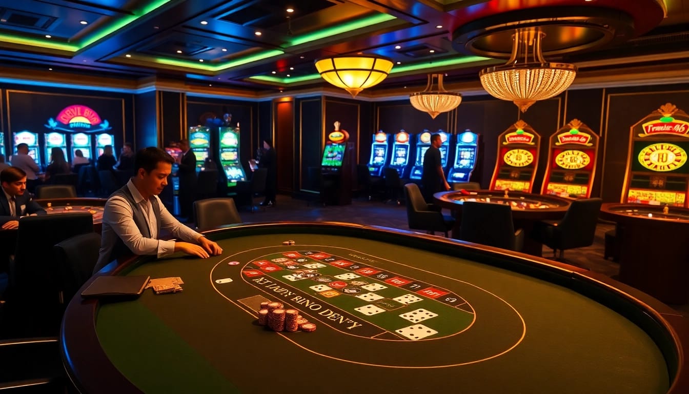 Players enjoying a thrilling blackjack game at new88 casino, with vibrant slot machines in background.