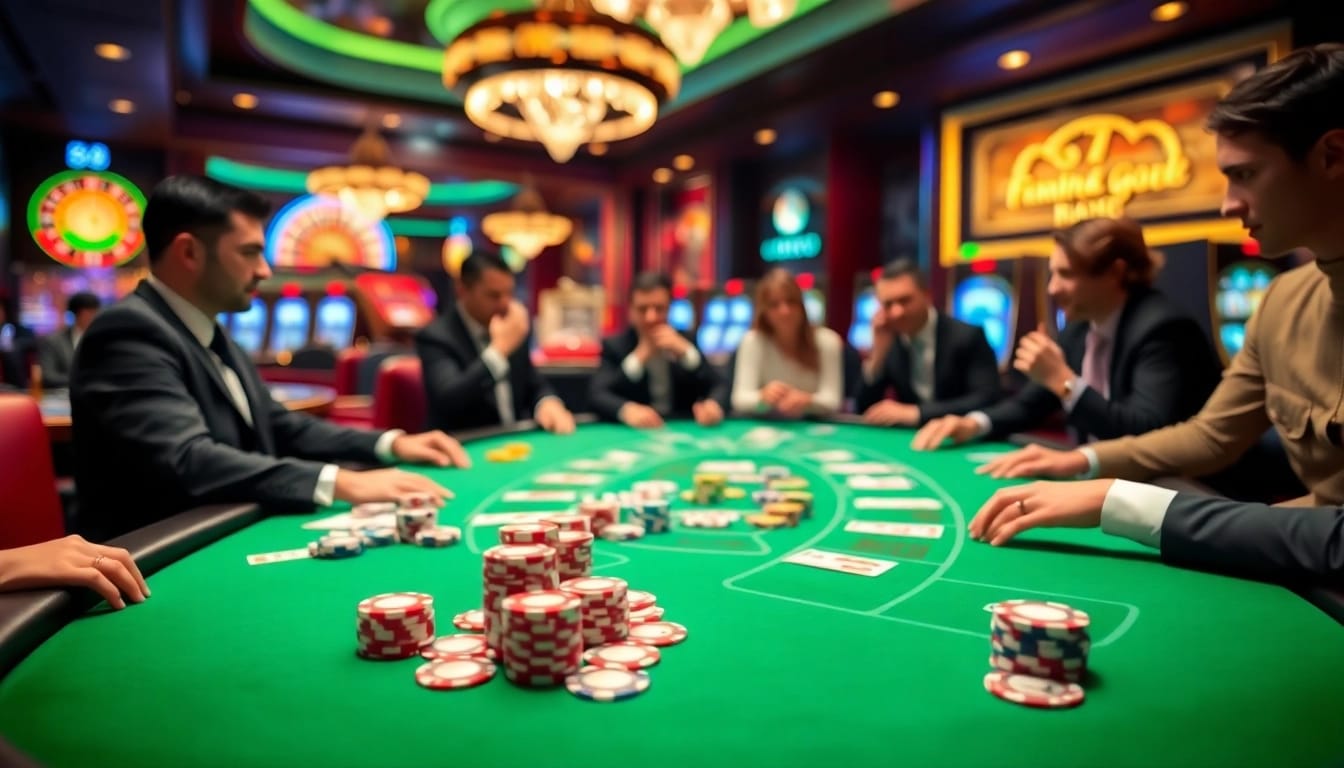Players enjoying a thrilling poker game at Hi88 casino with vibrant chips and cards.