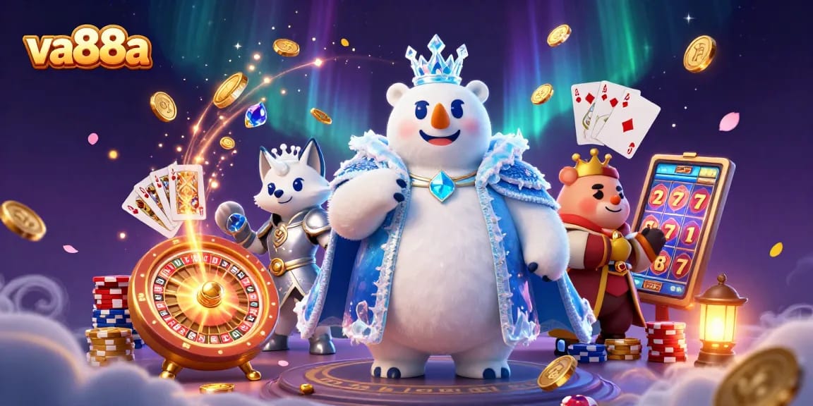Engage in va88a's thrilling gaming with a cartoon ice king and his snow fox companion amidst swirling energy.