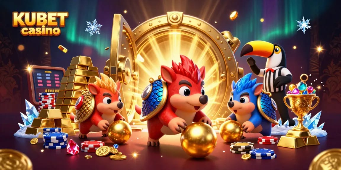 Engaging scene of KUBET casino with cartoon pangolins playing, showcasing festive gambling excitement.