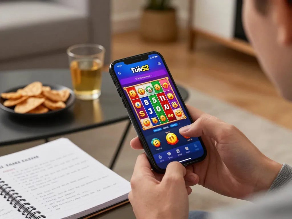 Tải Sun52 app on smartphone displaying a winning slot game in a cozy living room setting.