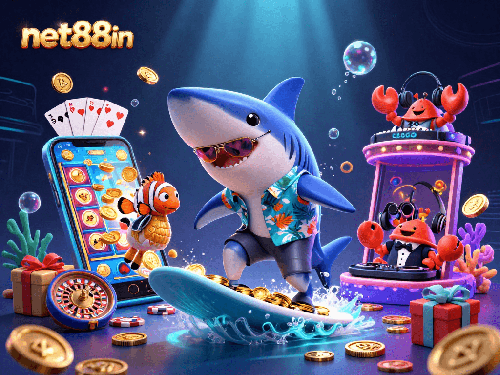 Experience the thrill of net88in gaming with captivating visuals of a vibrant underwater casino scene.