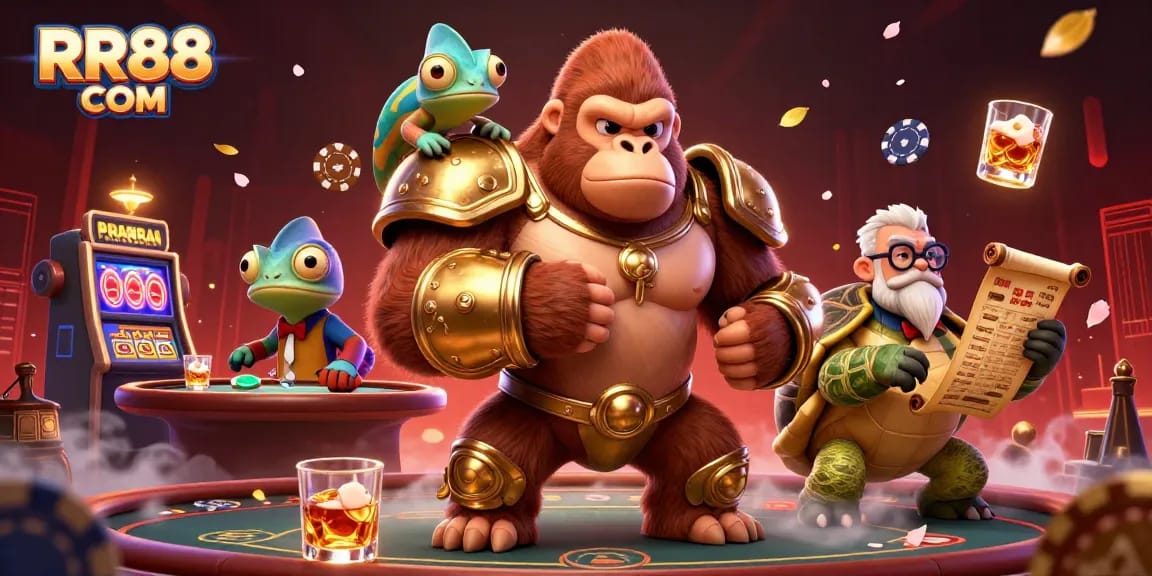 Engage in thrilling gameplay with RR88 COM at a vibrant casino featuring lively characters.