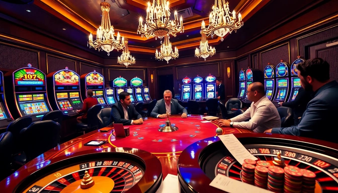 Exciting gaming atmosphere at 789f with poker tables and vibrant slot machines.