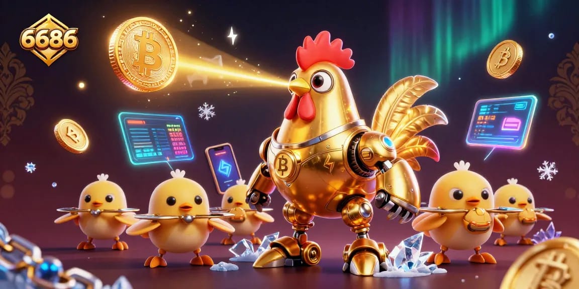 Experience the 6686 golden rooster robot in a vibrant casino-themed digital scene.