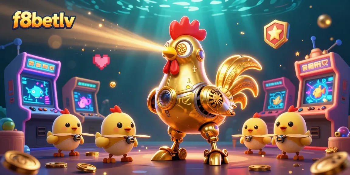 Join the fun at f8betlv with a vibrant 3D illustration showcasing an action-packed casino adventure featuring a golden rooster robot and baby chick drones.