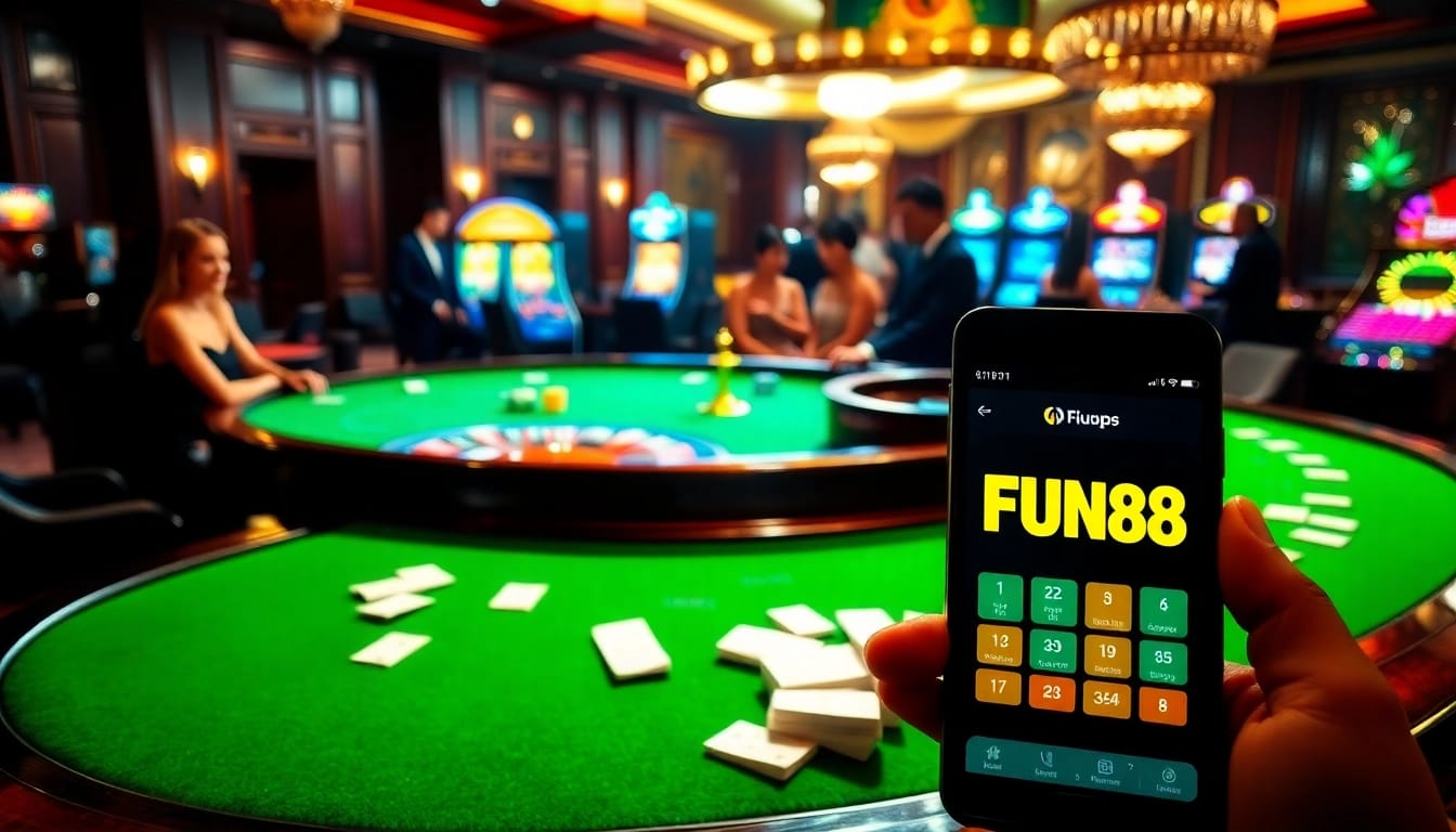 Experience online excitement with FUN88 app at a luxurious casino scene featuring poker and roulette.
