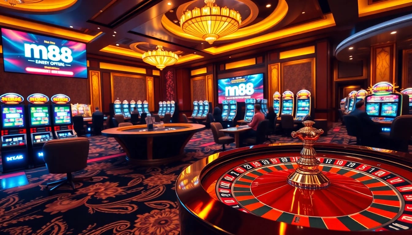Players enjoying a vibrant nk88 casino experience with stylish poker tables and roulette games.