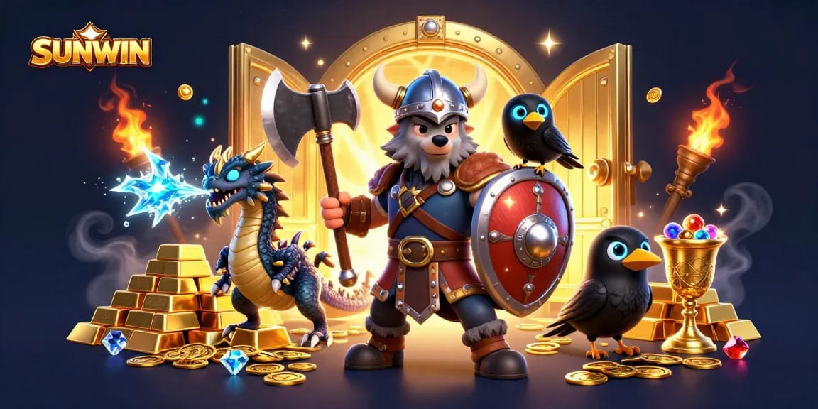 Join the action with SUNWIN as the Viking wolf warrior and fierce dragon guard treasure in this exciting casino illustration.