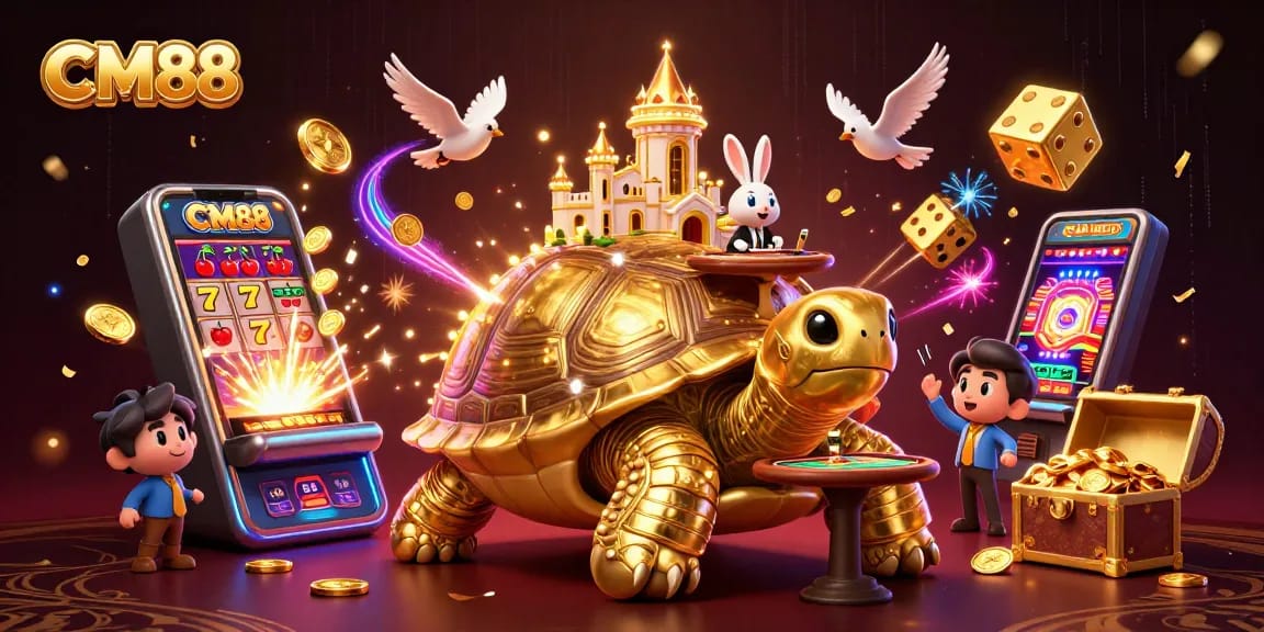 Experience thrilling casino fun at CM88 with a golden tortoise, rabbit dealer, and jackpot excitement!