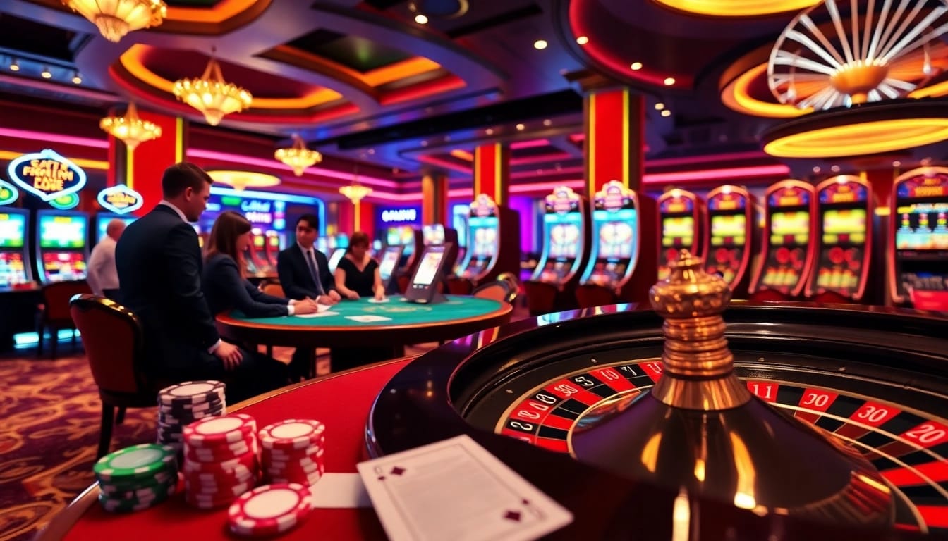 Experience thrilling gameplay at CM88 com with vibrant casino tables and slot machines in a luxurious setting.