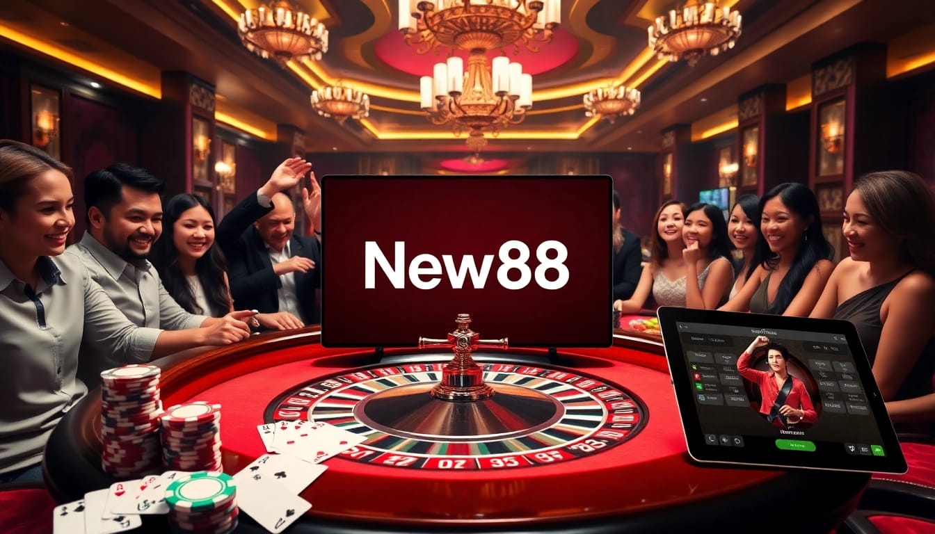 New88 logo shining amidst casino action with players engaging at roulette table.