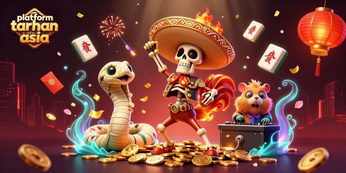 Experience the platform taruhan terbesar asia with lively characters celebrating amidst rich casino elements.