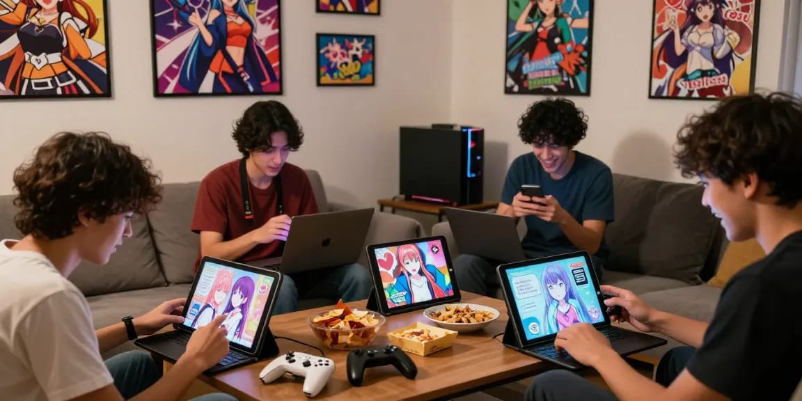 Gamers enjoying hentaigames on various devices in a cozy living room, showcasing vibrant gaming culture.