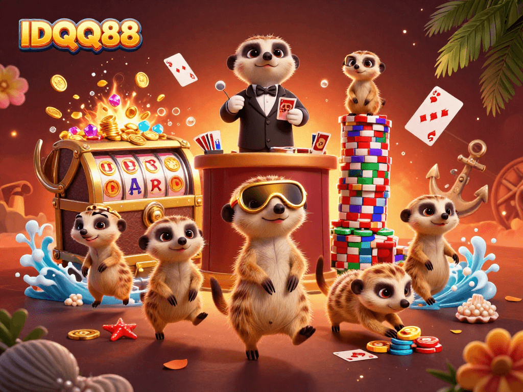 IDQQ88 meerkat casino scene with vibrant slot symbols, chips, and a dynamic backdrop.