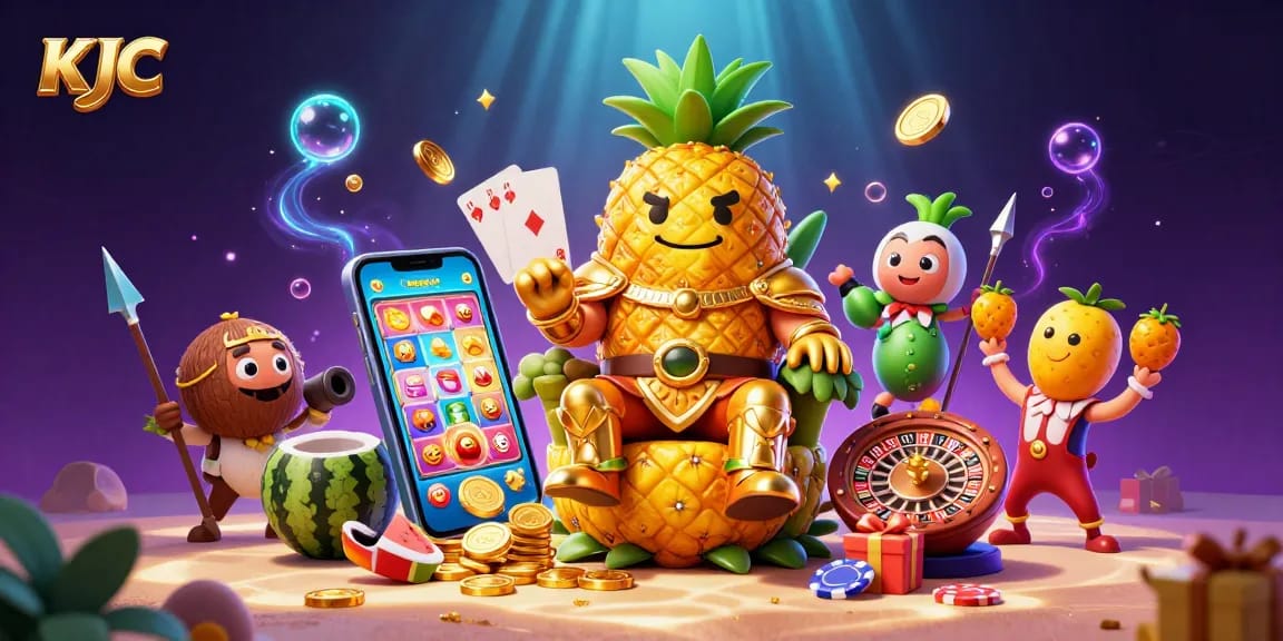 KJC's vibrant beach casino scene featuring a pineapple king, coconut guards, and a jester amidst rich casino elements.