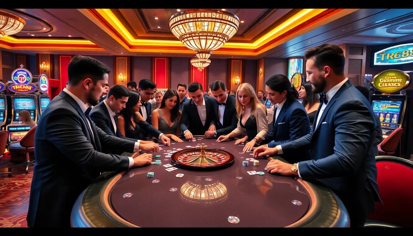 TR88 engages players at a professional poker table in a luxurious casino setting, showcasing excitement.