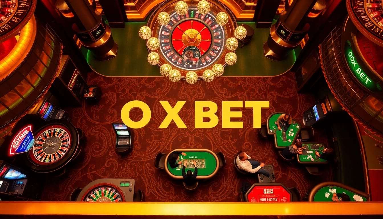 Gamblers experiencing excitement at OX BET casino with roulette and slot machines.