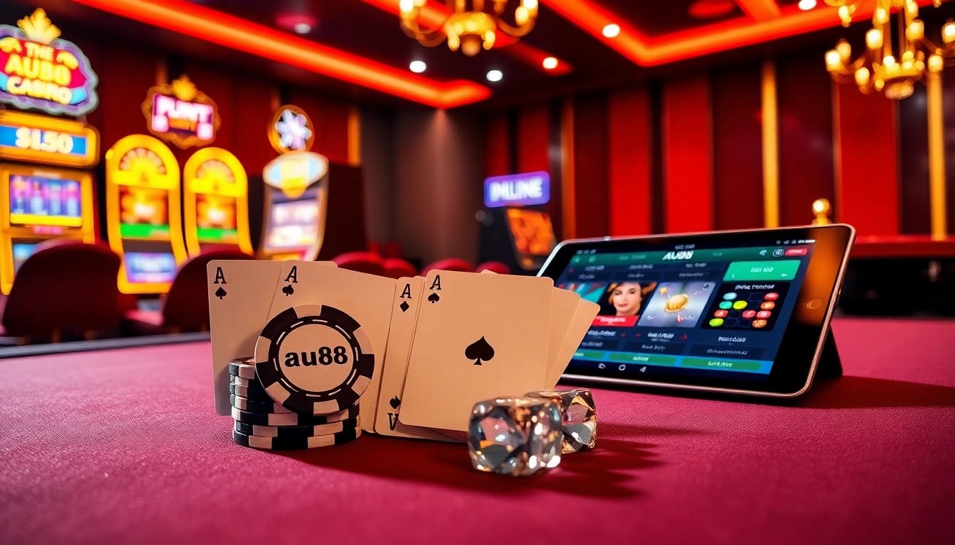 Playing poker with AU88 chips in a luxurious casino setting illuminated by dramatic lighting.
