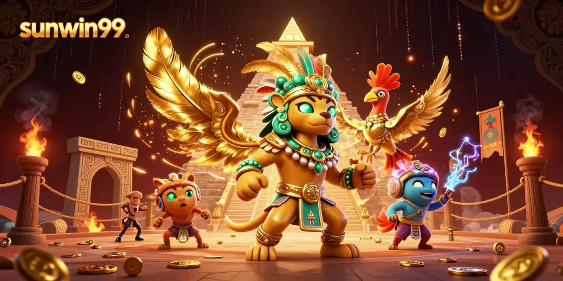 Experience the thrill of gaming with sunwin99, showcasing a vibrant 3D Mayan priest and games.