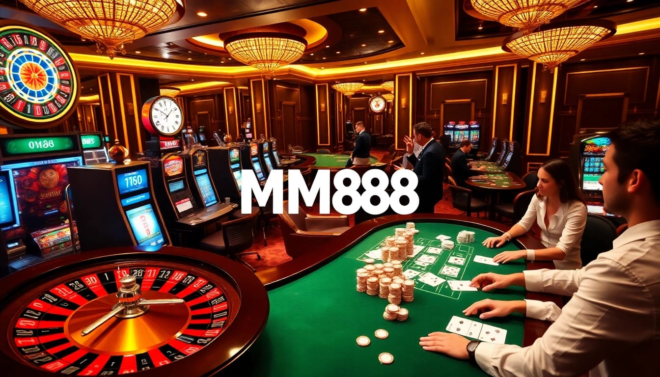 Exciting casino atmosphere at MM88 with vibrant tables, roulette wheels, and players engaged in gambling.
