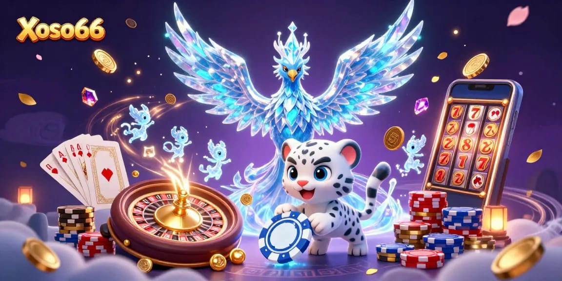 Witness the excitement at Xoso66 with a lively 3D casino scene featuring vibrant characters and game elements.