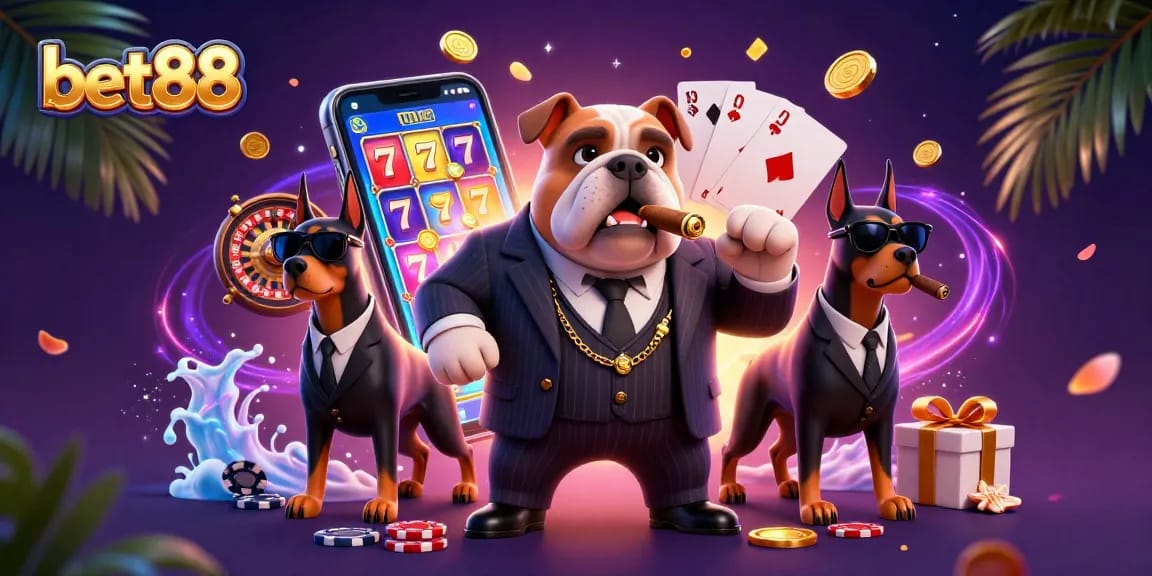 Experience thrilling gameplay with bet88 featuring a 3D mafia bulldog and action-packed casino elements.