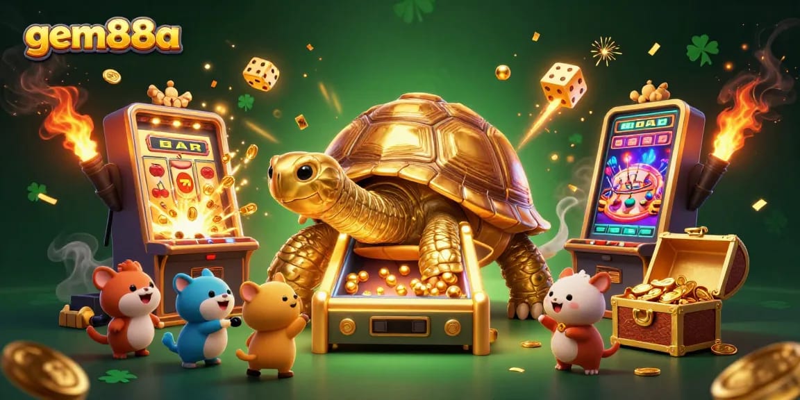 Experience thrilling gaming action with gem88a in a vibrant casino scene packed with slot machines and golden treasures.
