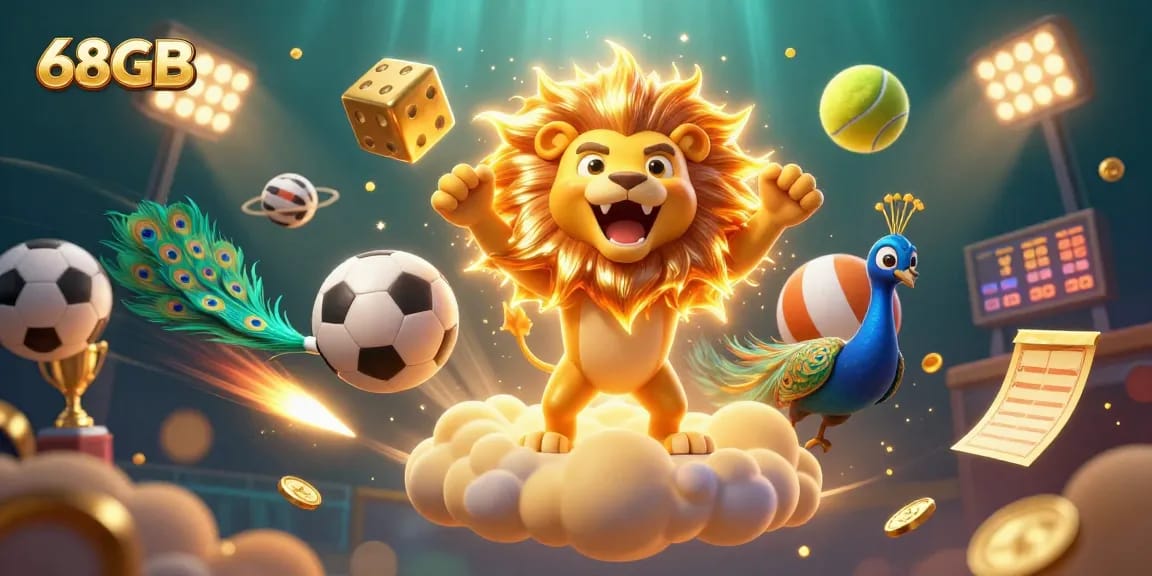 Experience thrilling gameplay at 68GB with vibrant casino action featuring a roaring lion and golden elements.