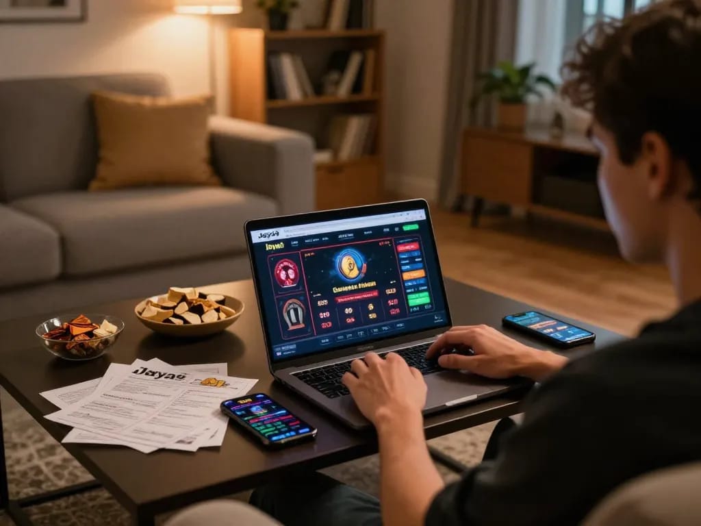 Engaged player navigating Jaya9 Bangladesh online casino setup from home, highlighting strategy in a cozy atmosphere.