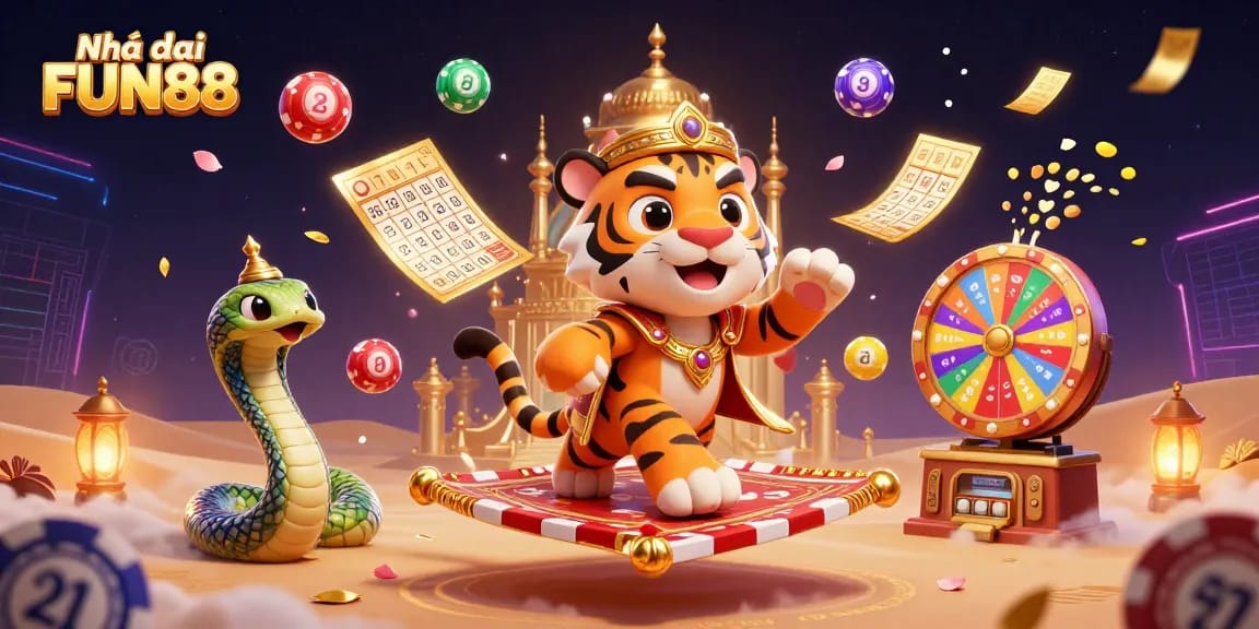 Win big at Nhà cái FUN88 with an energetic illustration of casino-themed characters and dynamic game elements.