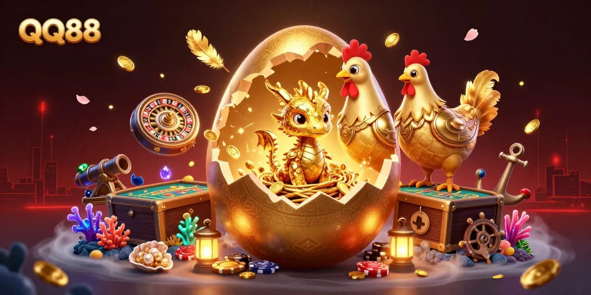 Experience thrilling wins with QQ88's golden dragon and poker chips in a vibrant casino scene.
