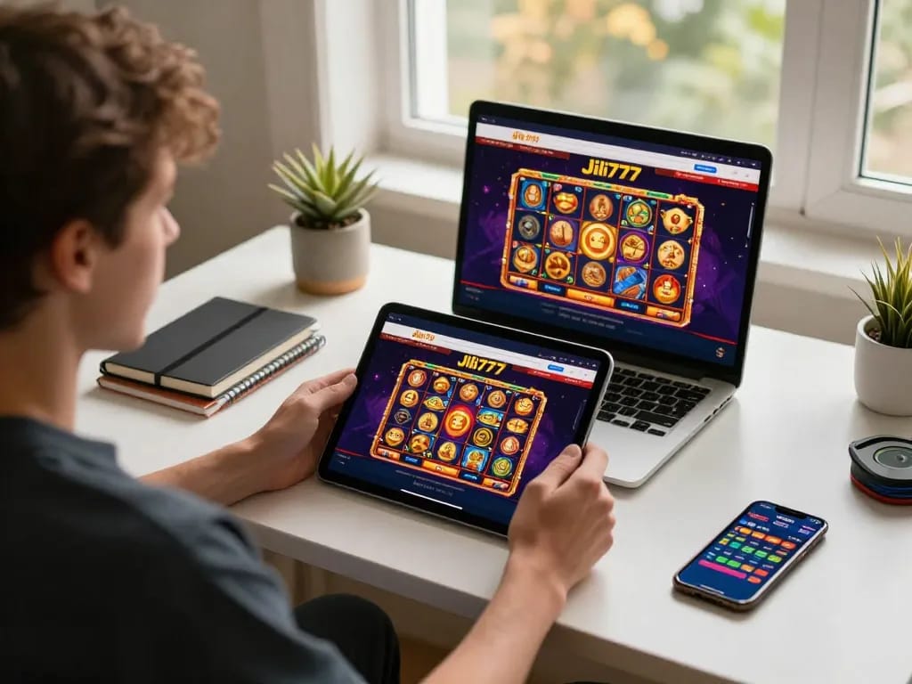 Engaging experience on Jili777 homepage with a player viewing exciting slot games on a tablet.