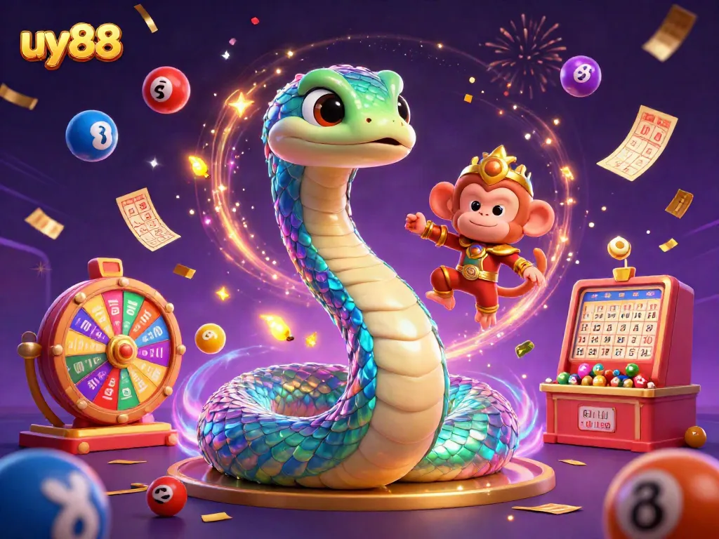 Experience excitement at uy88 with a vibrant, magical 3D illustration showcasing colorful lottery elements and festive energy.