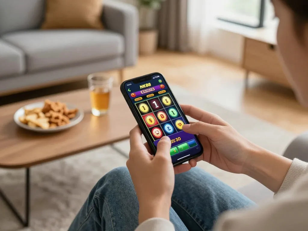 Engaging mobile gameplay on the NK88 app with a cozy setting and online slots.