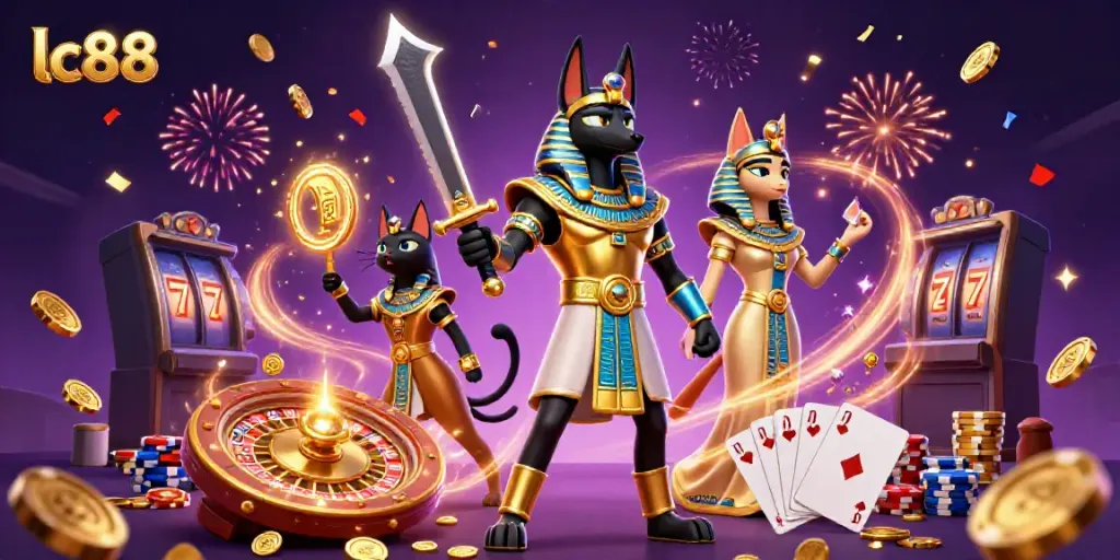 Experience thrilling gameplay at lc88, featuring ancient Egyptian characters and dynamic casino elements