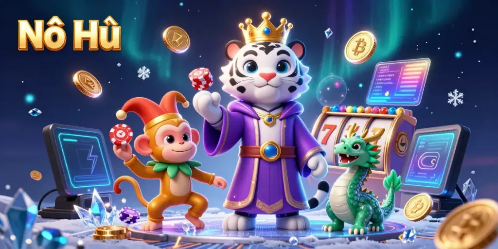Nổ Hũ showcases a vibrant 3D casino scene with a white tiger, golden monkey, and jade dragon surrounded by slot elements, enriching the excitement of online gambling.