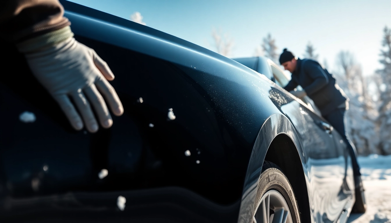 Apply PPF winter road salt protection on a vehicle with a background of snow, ensuring vehicle durability.