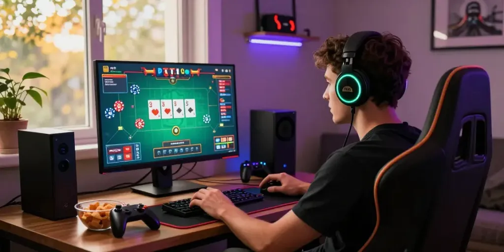 Experience the excitement of 3 Patti no1 online gaming with vibrant visuals and energy in a cozy gaming setup.