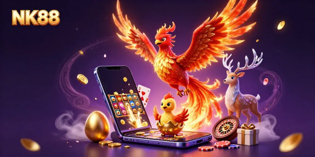Play exciting games at NK88 with slots, poker, and fantasy elements in a vibrant scene.