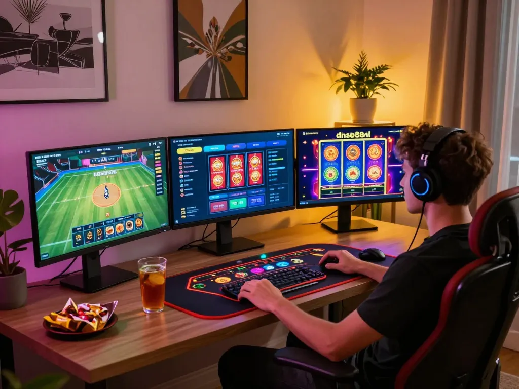 Engaging online gaming experience at dn88 with multiple casino games displayed on screens.