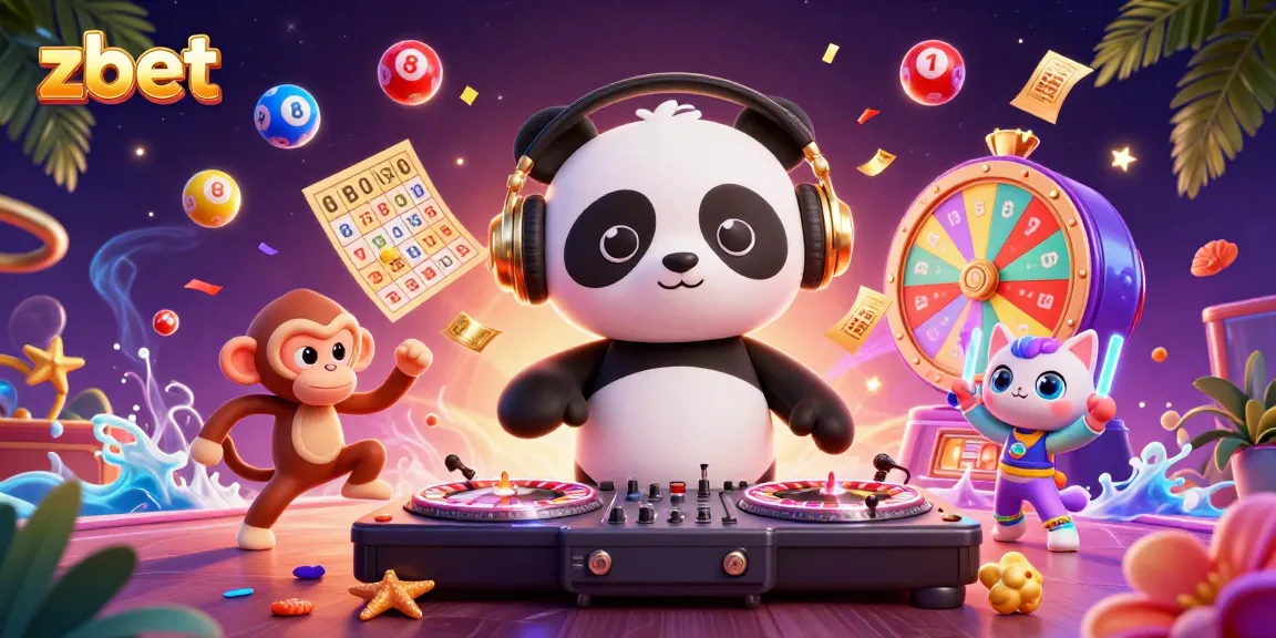 Experience zbet's fun with DJ panda and friends in this vibrant casino-themed 3D illustration.