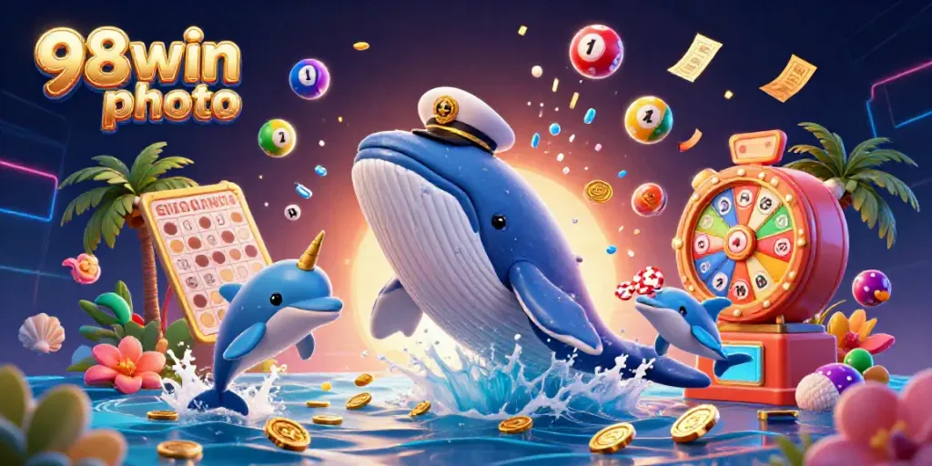Engage in the vibrant world of gains with 98win photo featuring a whale among dazzling casino elements.