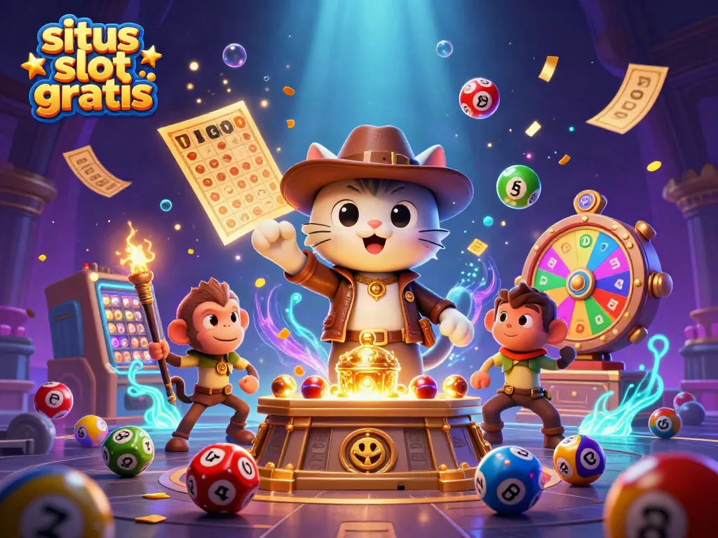 Experience situs slot gratis with an archaeologist cat discovering casino treasures in a vibrant temple scene.